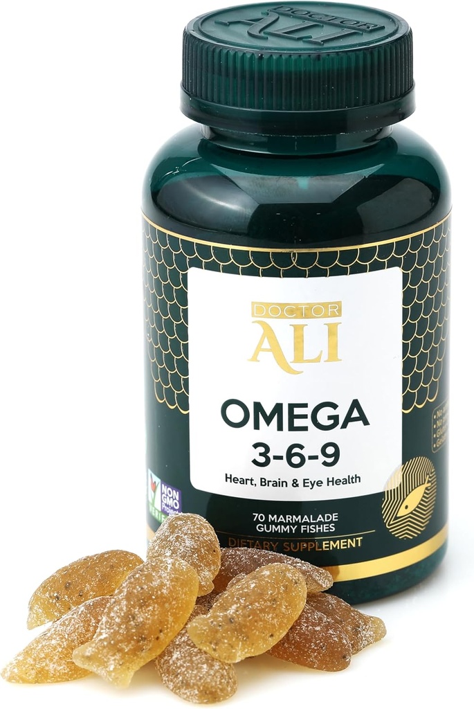 Doktor ALI - Vegan Omega 3-6-9 Gummies | Fiskfri, icke-GMO, organiska ingredienser | Brain, Heart & Vision Support för vuxna och barn | Gelatin-Free | Gluten-Free | 70 greve