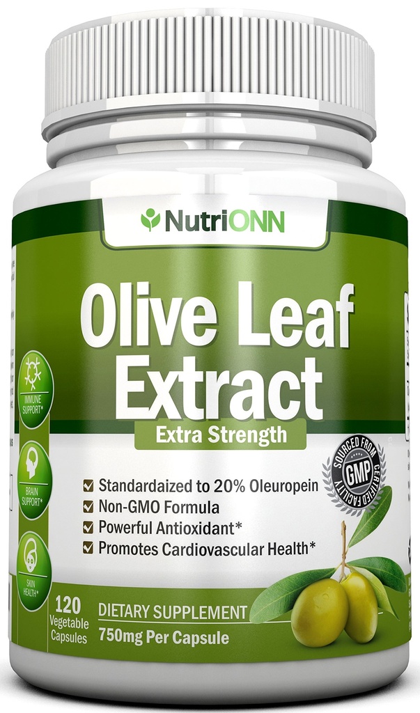 Olive Leaf Extract - 750 Mg - 120 kapselia - Extra Strength - 20% Oleuropein - ei-GMO Formula - Premium laatu Puhdasta Olive Lehdet - Tehokas antioksidantti - Suuri sydän, iho ja aivot