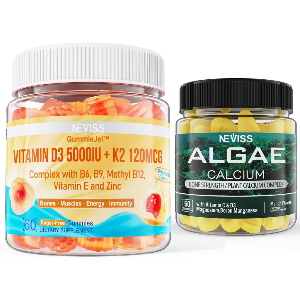 NEVISS D3 5000IU K2 Gummies + Marine Algae Kalsium Gumies Bundle
