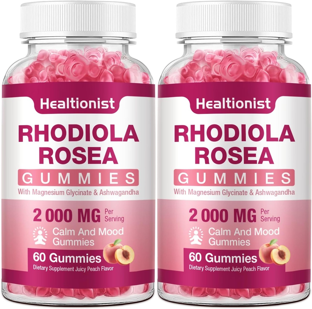 2 Packs Sugar-Free Rhodiola Rosea Gummies Adaptogenic Rhodiola Rosea Supplement & Cortisol Blocker för prestanda, Stamina, Mood & Motivation - Icke-GMO, 120 Vegan Chews