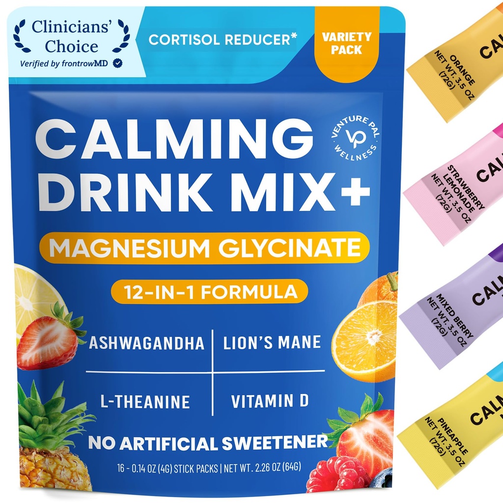 Venture Pal Calming Powdered Drink Mix, Magnesium Glycinate, Ashwagandha, L-Theanine, Vitamin D, Lions Mane, Sugar Free Magnesium Supplement Blend for Relax & Focus, Non GMO, Vegan, On The Go