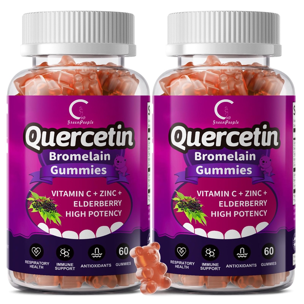 Quercetin Gummies - Quercetin kanssa bromelaiini, C-vitamiini, Sinkki & Elderberry, Extra Strength Immunomy System Booster, Keuhkotuki täydentää aikuisille lapsille - 60 Quercetin Gummies (2 pakkaus)