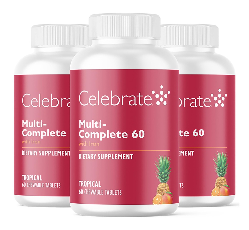 Celebrate Vitamins Multi-Complete Chewables, 60mg Iron - Daily Bariatric Multivitamin för Sleeve Gastrectomy & Gastric Bypass Surgery Patients - Essential Vitamins & Minerals - Tropical (180 tabletter)