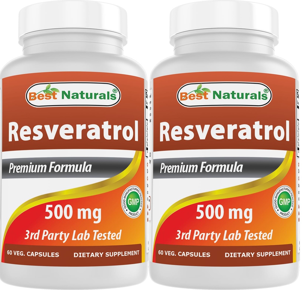 Best Naturals 2 pakkaus Resveratrol Complex 500 mg 60 Veg kapselit Valmistettu rypäleen iho, punainen viini, Quercetin - Gluteeniton & non GMO - (yhteensä 120 kapselia)