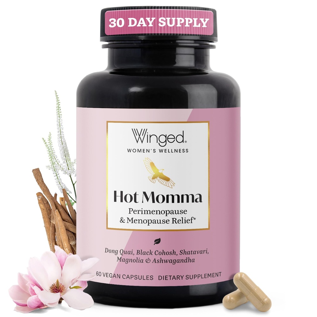 Winged Wellness Hot Momma Menopause Lisäravinteet naisille - Hormonittomat Menopause Relief Tuki Hot Flashs & Night Hikiä Chaste Tree Berry, Multivitamiinit & More - 60 Vegan Kapselit
