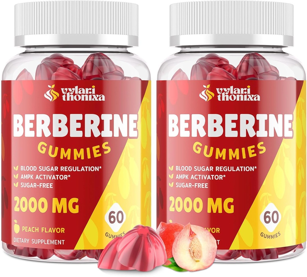 2000mg berberiini täydentää Gummies - High Potency berberine kanssa Ceylon kaneli Candy, Turmeeric, Magnesium, Kromi - Sokeriton, Vegan, ei-GMO, Gluteeniton - Persikka maku 60 Gummies - 2 pakkaus