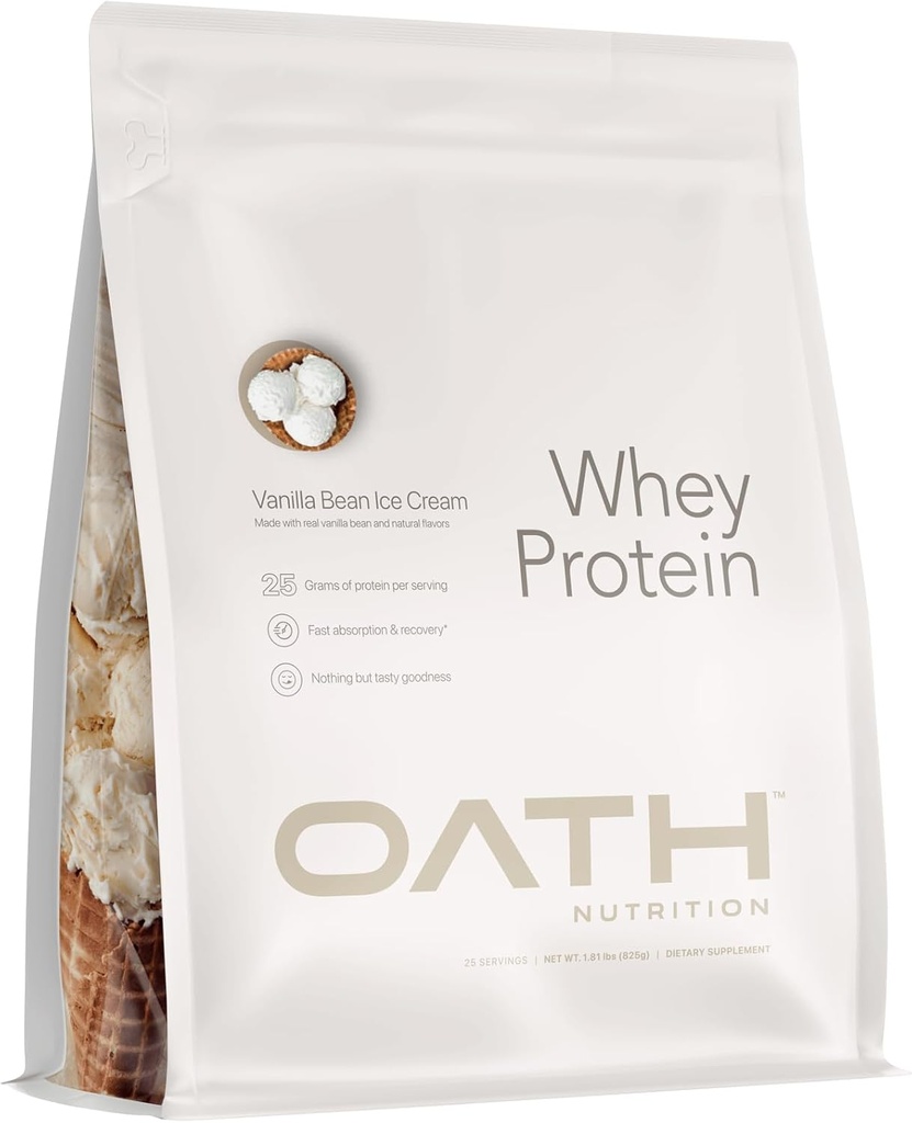 OATH NUTRITION Whey Protein Powder, Vanilla Bean Ice Cream, 25 grammaa proteiinia ja vain 1 gramma sokeria per tarjoilu, 2 kg, 25 tarjoilua