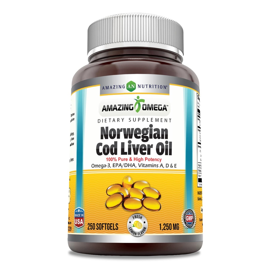 Fantastisk Omega Norwegian Cod Liver Oil 1250 Mg Softgels Supplement | Omega-3, EPA, DHA, Vitamin A, Vitamin D & Vitamin E (Lemon | 250 greve)