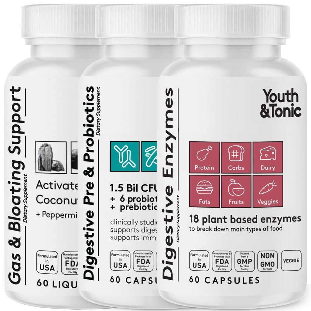 Youth & Tonic Digestion Stomach Support & Detox för Regularity, Gas & Bloating & Gut Health. Alla typer Digestive Enzymes Probiotics & Prebiotika Charcoal Peppermint & Organic Coconut Oil 180 Pills