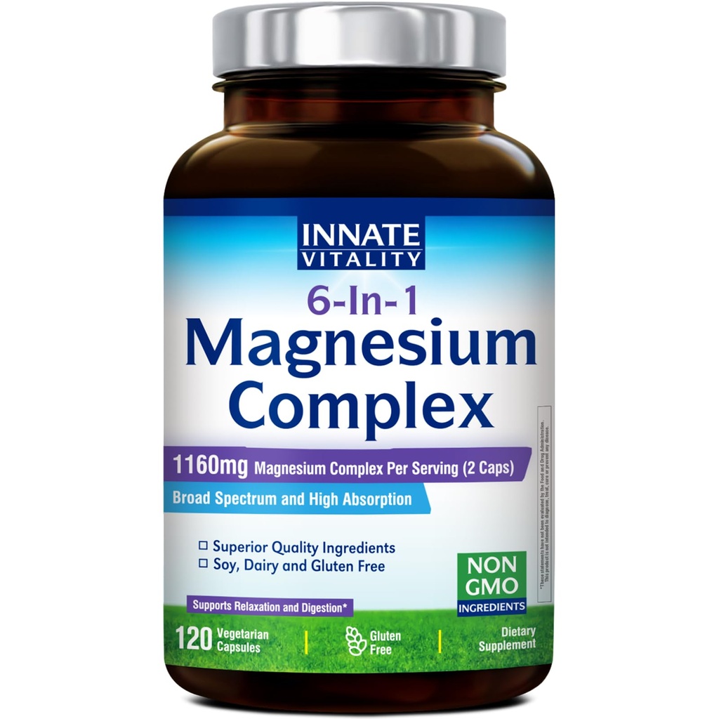 Luonnollinen elinkyky Magnesium Complex 6-in-1, 1160mg per tarjoilu, lepo ja digestio, magnesium Glycinate & Sitrate, korkea imeytyminen, 120 vegan kapselia