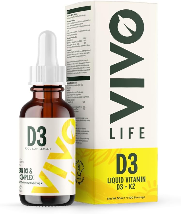 Vivo Life - D3-vitamiini K2, 50 ml Liquid Complex Drops, 2000iu D3, Vegan Health Supplement miesten ja naisten, 100 tarjoilua