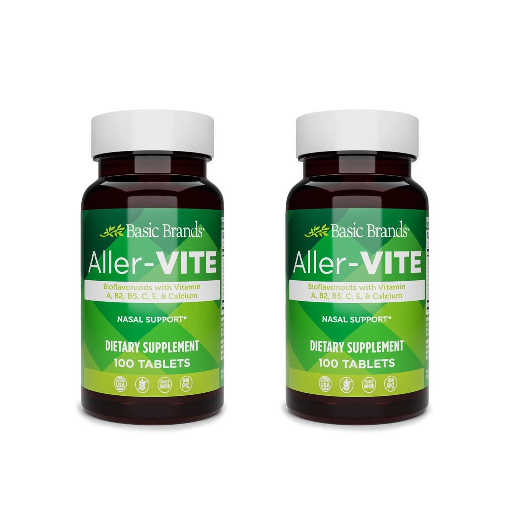 Basic Brands Aller-Vite - Natural Allergia Relief Tabletit - Homeopaattinen Sinus & nenän tuki Bioflavonoidit, vitamiinit A, B2, B5, C, E & Kalsium - 100 Vegan Tabletit - 2-pakkaus