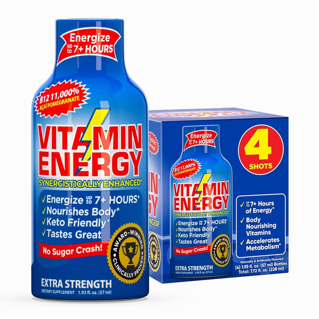 B12 11 000% Extra Strength Energy Shot Açaí Pomegranate 4 Pack, 260 mg Natural Cofeine, B12 & B6, Nootropic Focus, elinkyky, nollasokeri, Gluteeniton, Vegan, Kosher, 1,93 fl oz