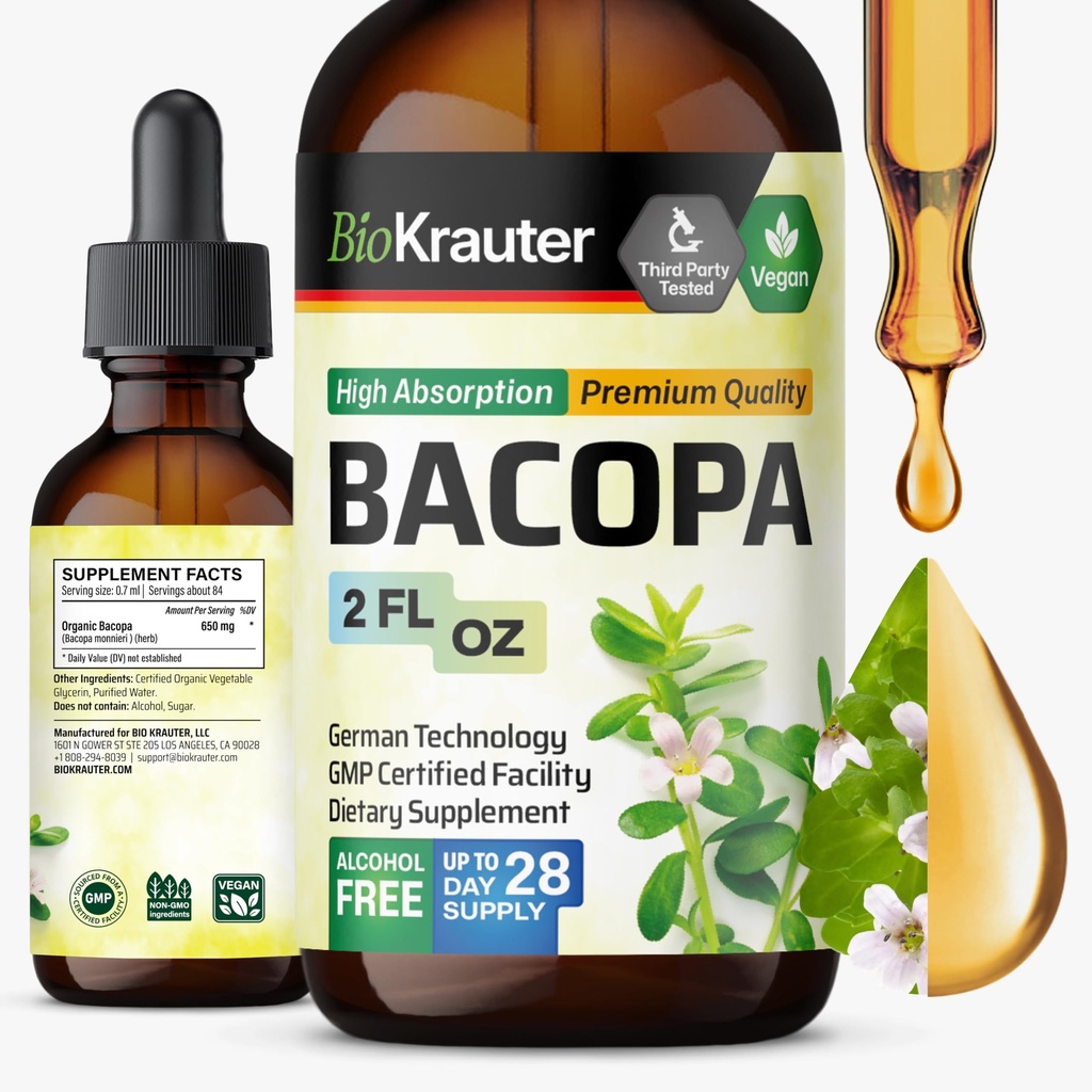 BIO KRAUTER Bacopa Monnieri Drops - Brahmi Lisäravinteet - Liquid Bacopa Sugar Free - Vegan 2 Fl.Oz.
