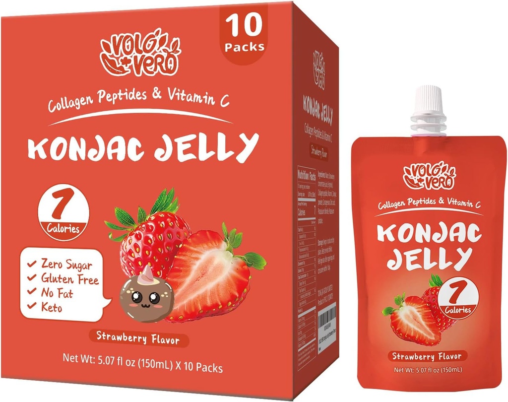 Konjac Jelly Pouch Drinkable Mansikkamaku, 7 kaloria, gluteeniton, nollasokeri, Keto, Kollageeni Peptidit ja C-vitamiini, vähärasvaiset terveelliset hedelmät välipalat, Lomalahjat, 10 pakkausta