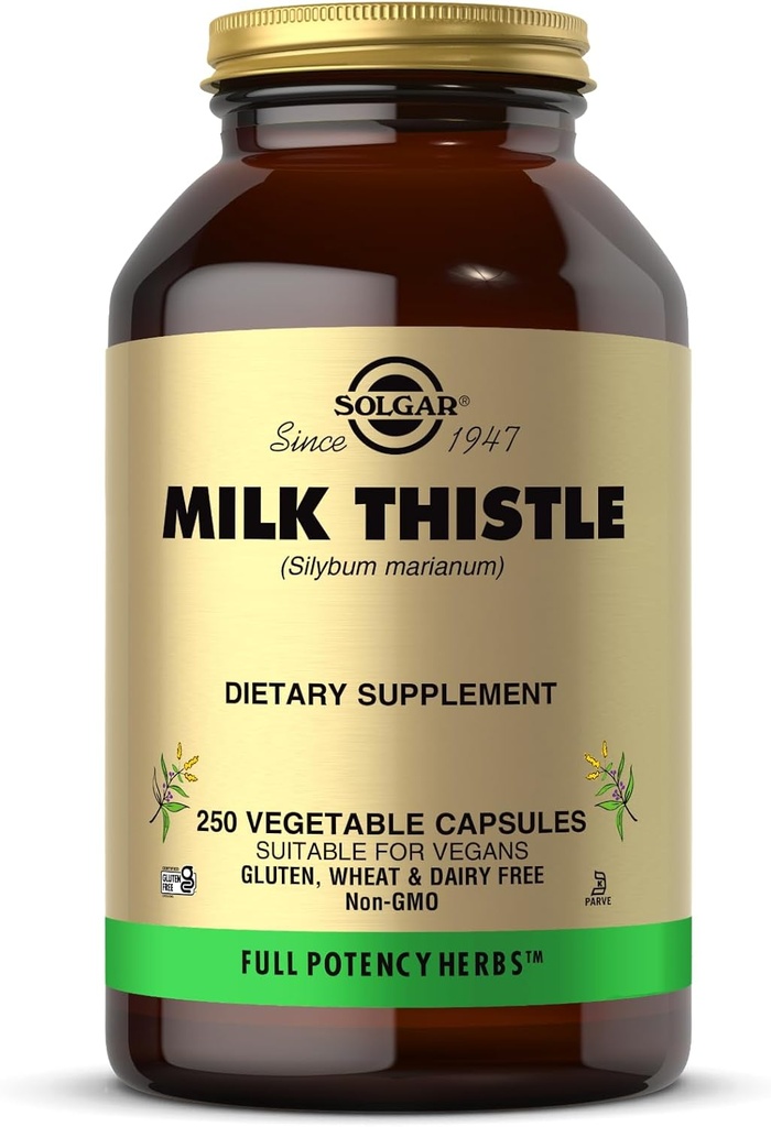 Solgar Milk Thistle - 250 Vihanneskapselit - Täysi teho (FP) - Ei-GMO, Vegaani, Gluteeniton, Maitotuotteeton, Kosher - 250 Tarjoukset