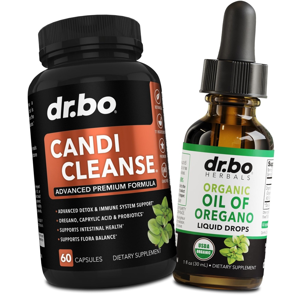 Candi Cleanse & Oregano Oil Drops - Extra Strength Probiootti Complex Cleanser & Organic Liquid - Luonnollinen yrttien Caprylic Acid kapselit ja öljy Oregano Drops Tinkture Extract