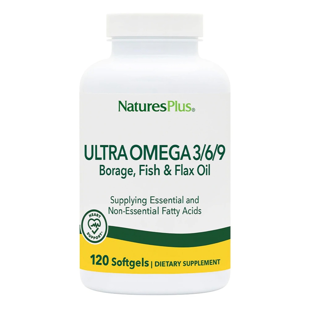 Natures Plus Ultra Omega 3 6 9-1200 mg, 120 Softgels - Borage Oil, Fish Oil, Flax Oil Supplement - Glutenfri - 120 portioner