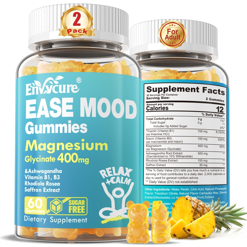 Sugar Free Magnesium Glycinate Gummies 400mg med Ashwagandha, B1, B3, Rhodiola Rosea & Saffron för Support Rest, Mood & Calm Magnesium Gummies för vuxna, Chewable Magnesium Supplement, Vegan, 120Ct