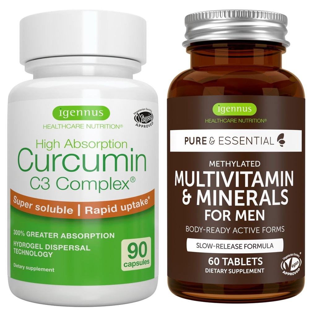 Monivitamiini ja mineraalit miehille + korkea absorptio Curcumin C3 Complex, vegaaninen Bundle, kestävä julkaisu Advanced Multivitamiini + 300% Suurempi Imeytyminen Curcuminoidit nopea otto, Igennus