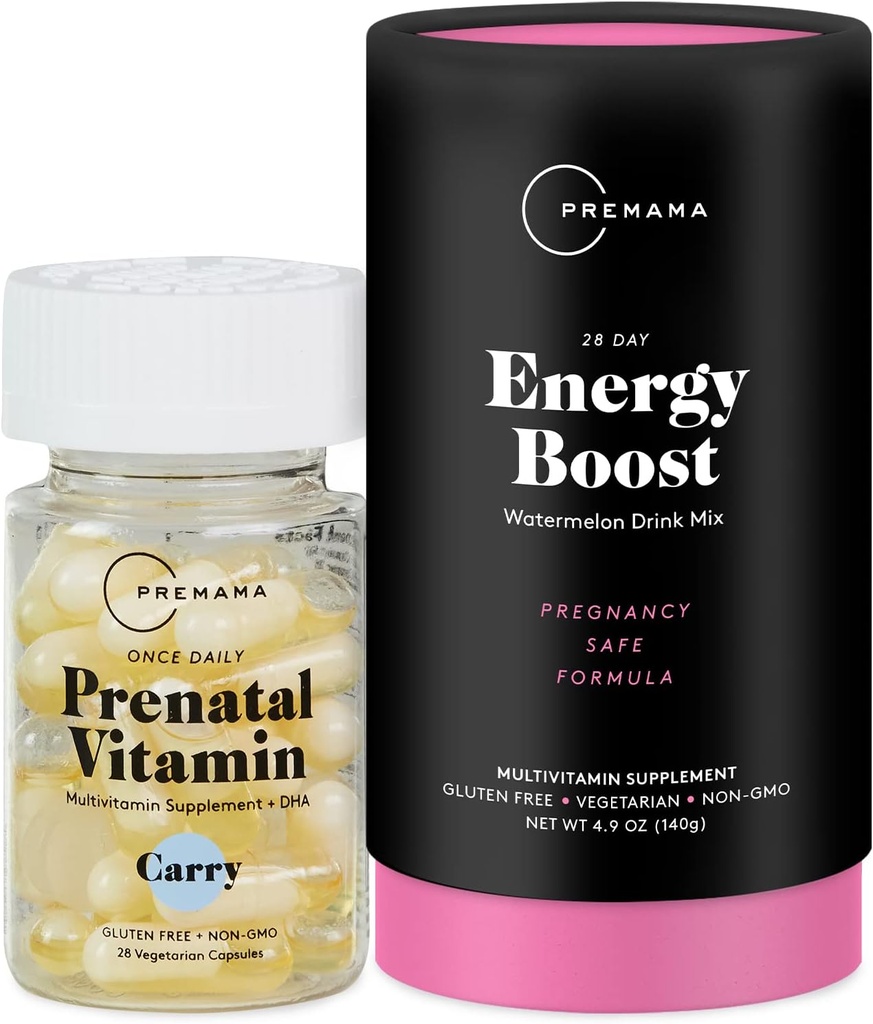 Premama Prenataalinen vitamiineja Energy Boost Drink Mix & Prenatal Support Bundle, Omega 3, B-vitamiinit, DHA, Folaatti, 28 Tarjoukset