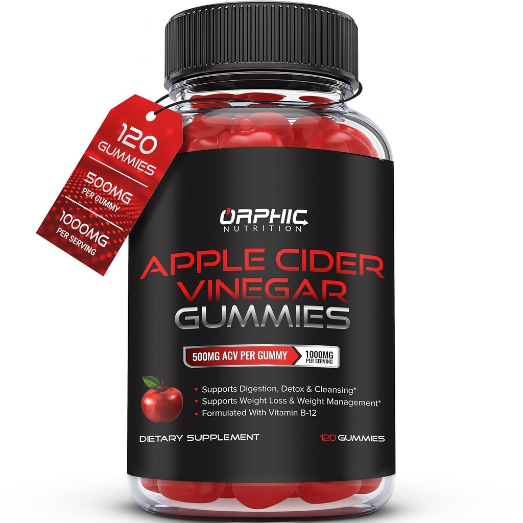 ORPHIC NUTRITION Apple Siideri Viinietikka Gummies - 1000 mg - ACV Painonmenetys Gummies - Tukee Digestion, Detox & Cleansing - VIT B12, Beetroot - Gomitas de Vinagre de Manzana (120 kpl)