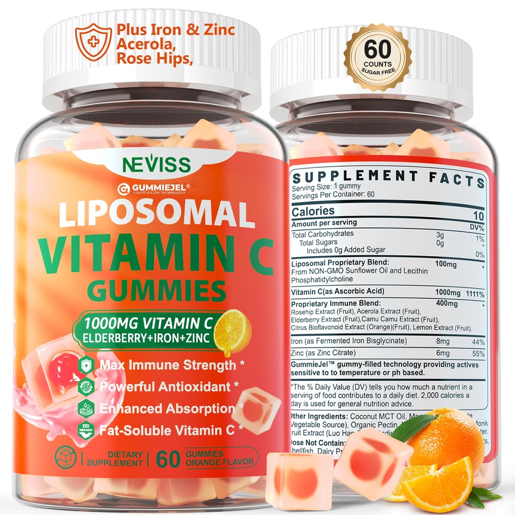 Liposomaalinen C-vitamiini 1000 mg Gummies aikuisille - C-vitamiini pureskeltava Elderberry, Sinkki & 8 mg Rauta, Sokeriton Vit C-lisät, Päivittäinen immuuni tuki Gummies for Energy, Collagen Booster 60 Counts