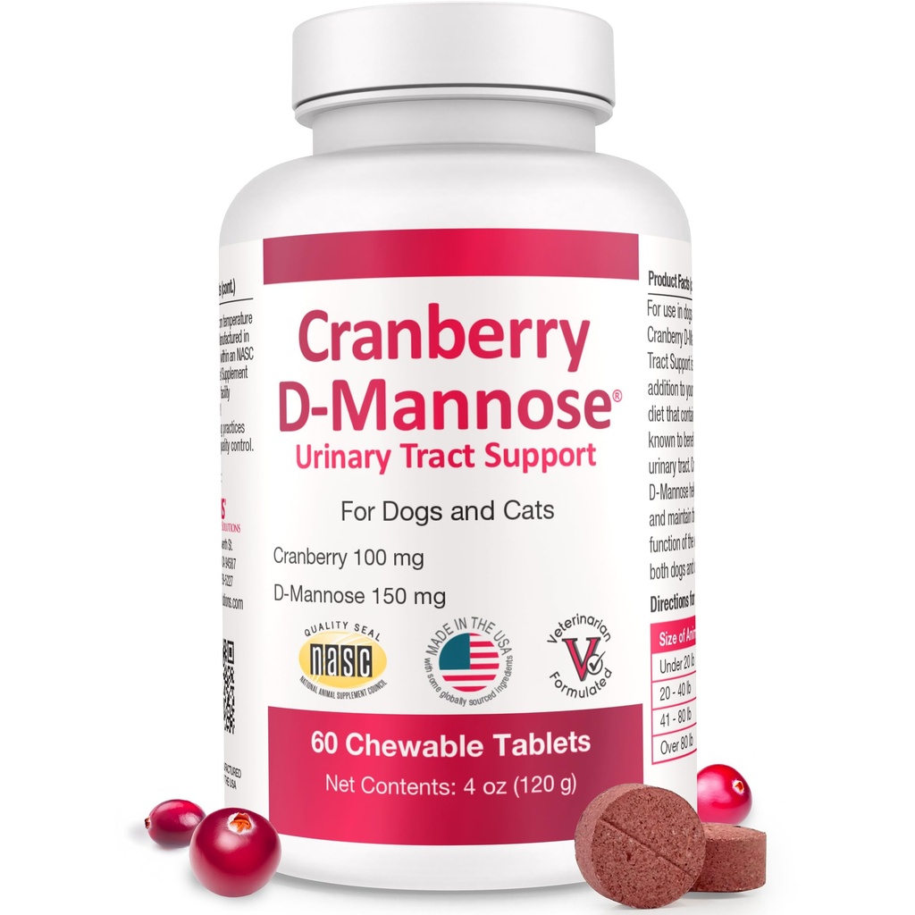 Cranberry D-Mannose Urinary Tract Supplement för hundar och katter - Bladder & UTI Health Support - Cranberry Extract, D-Mannose & Vitamin C-Promotes Urinary Wellness & Kidney Function - 60 Tabletter