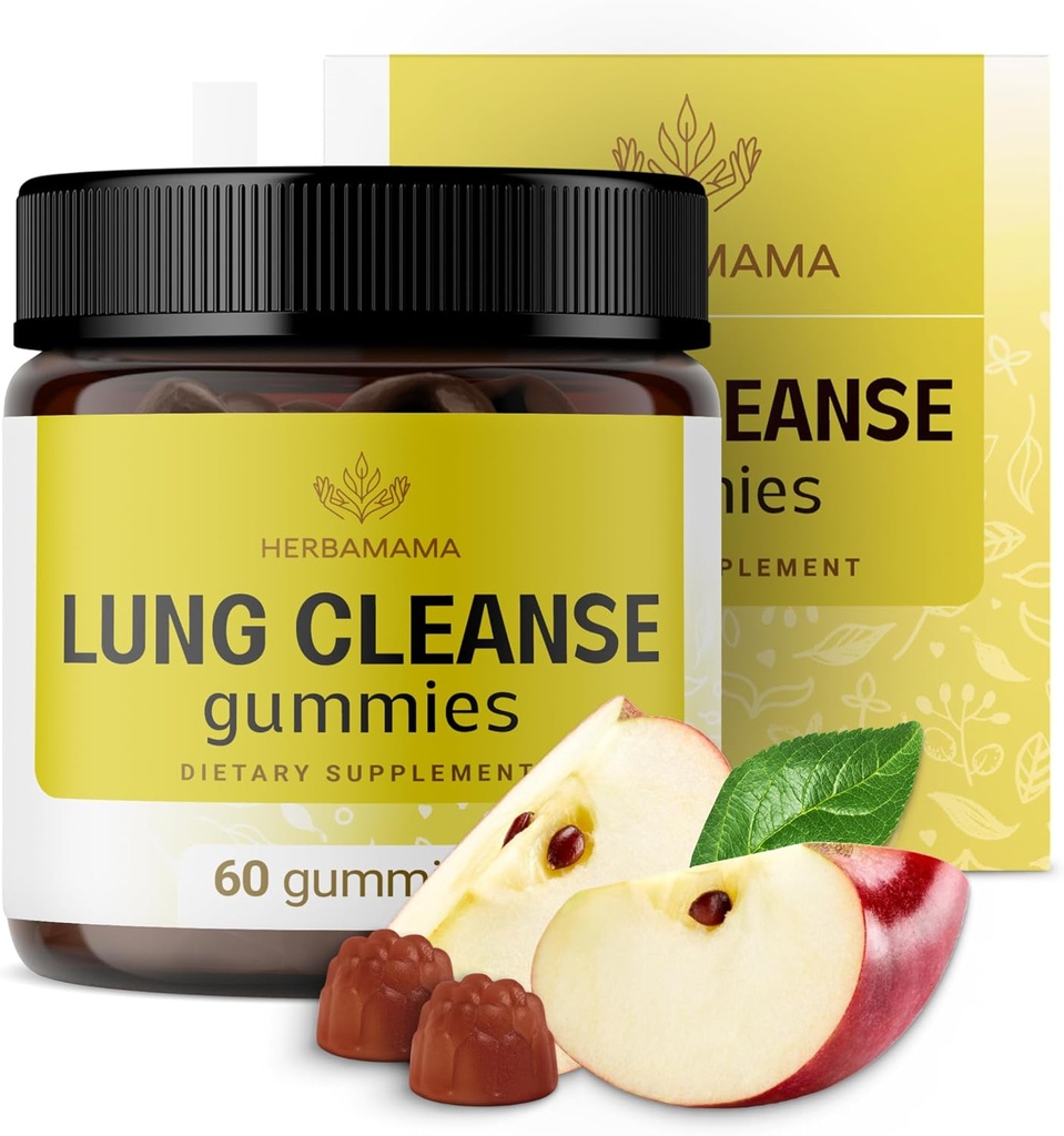 HERBAMAMA Lung Detox Gummies - Herbal Complex Mushroom Blend for Lung Cleanse - Vegan, ei-GMO hengitysteiden tuki täydentää - 60 Pektiini-pohjainen Apple-Flavored Chews