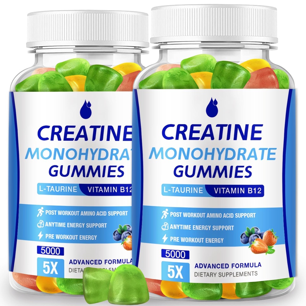 Kreatiini Monohydraatti Gummies 5000 mg Creatiini naisille ja miehille 2 pakkausta, Creatiini Monohydraatti Pureskella Boost Focus, Lihaksen vahvuus, 5g Creatiini Monohydraatti per tarjoilu, sokeriton, vegaaninen