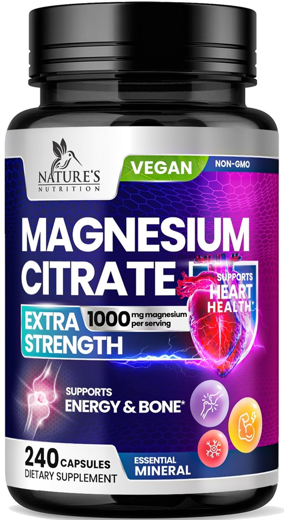Magnesium Citrate Supplement Pills 1000mg - 3X Strength Magnesium Supplements for Bone, Muscle, Heart, Nature's Sleep Support for Men & Women, Vegan Mag Mineral, Non-GMO, Bottled i USA, 240 kapslar