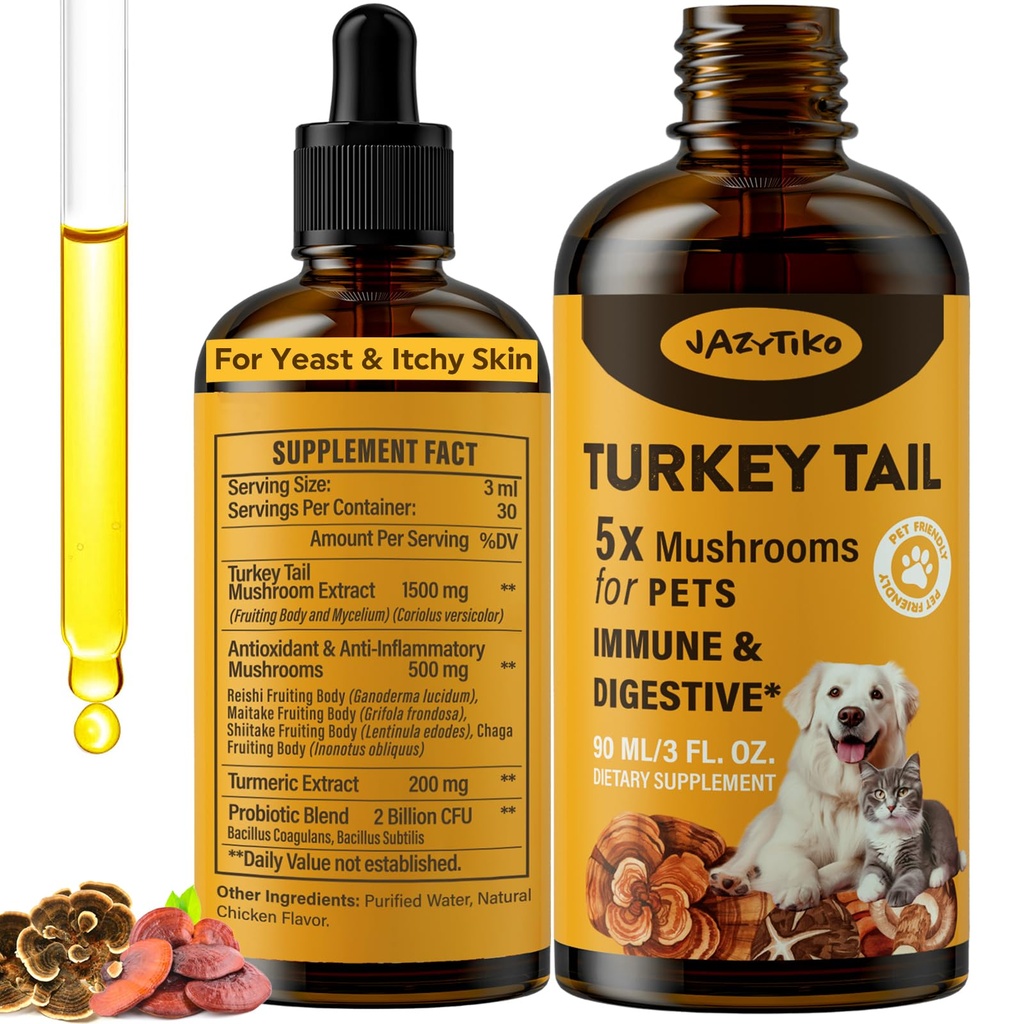 Turkey Tail Mushroom koirille - nopeampi imeytyminen 2000mg Turkey Tail Mushroom Immuuni & Ruoansulatus-, nivel-, energia-, 5X Sienet Lemmikki Drop Turmeric & Probiootti - Vet Formulated, 90 ML/3FL.oz