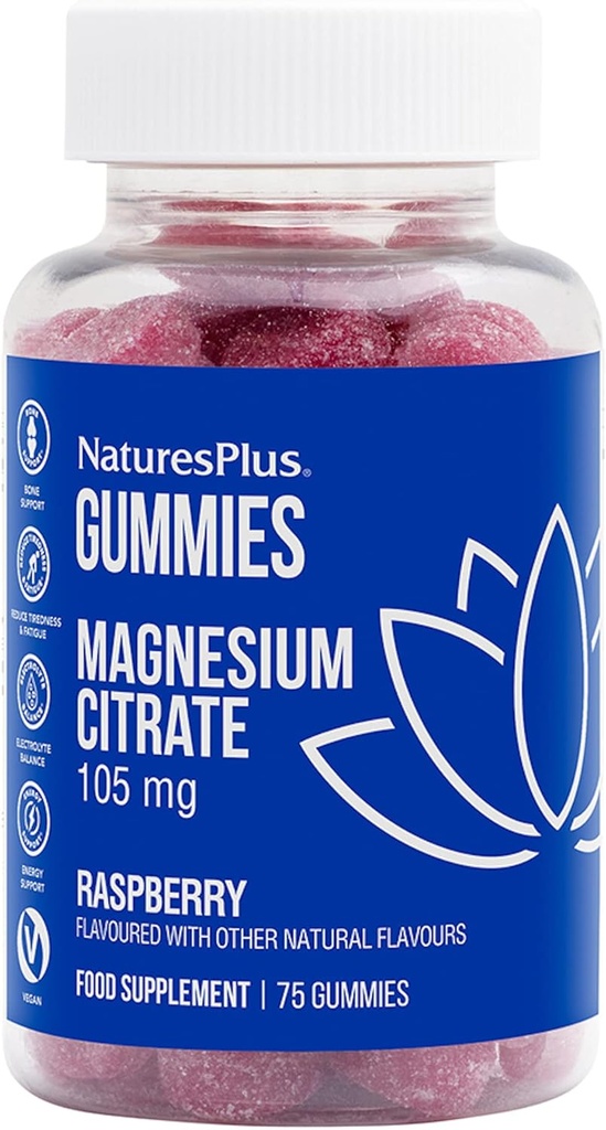 NaturesPlus Gummies Magnesium Citrate - 75 Gummies, Vadelma - auttaa rauhoittaa mielen ja kehon, tukee luun tiheys - kasvissyöjä, Gluteeniton, ei-GMO - 25 tarjoilu