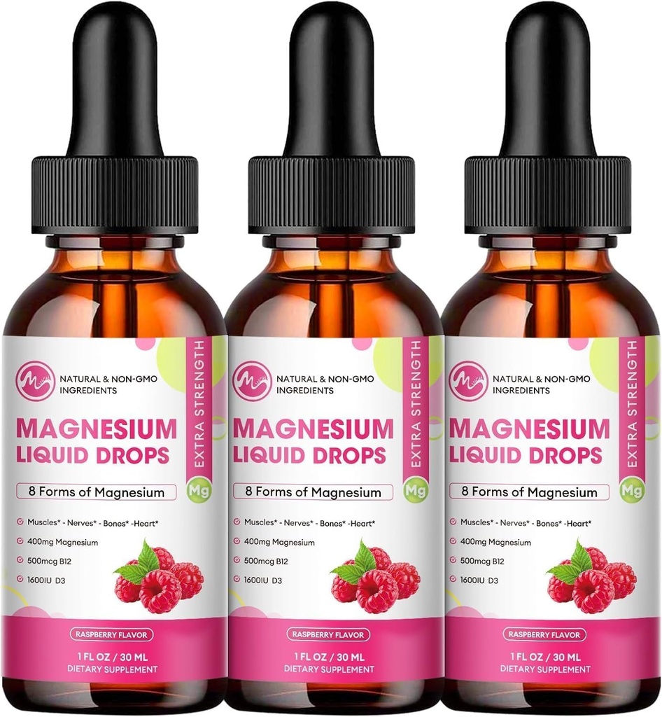 (3 pakkaus) Magnesiumnesteen tippa - 8 in 1 Magnesium Complex Supplement magnesium Glycinate, Sitraatti, Malaatti, Taurate, aivot, yö, lihakset, luut, Cramps, Vadelma maku