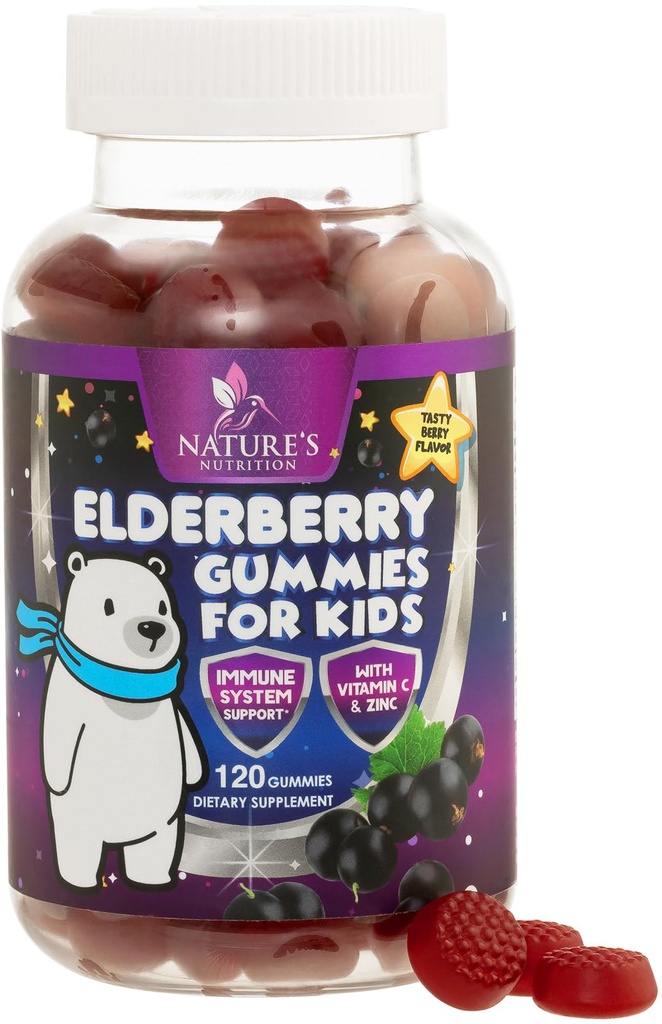 Lasten Immuunituki Elderberry Gummies - Päivittäiset lasten C-vitamiinit, Sinkki ja lapset Immuniteetti Tuki Gummy - Nature's Sambucus Elderberry Supplement, Vegaani, Gluteeniton, maukas Berry Flavor - 120 Gummies