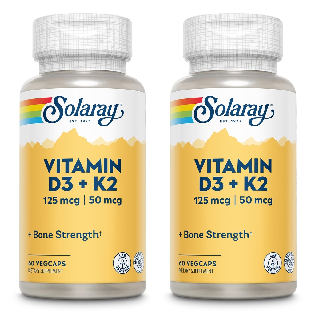 SOLARAY-vitamiini D3 + K2, D & K-vitamiinit kalsiumin imeytymiseen ja terveen sydän- ja verisuonijärjestelmän ja -valtimoiden tukeminen, ei-GMO & No Soy