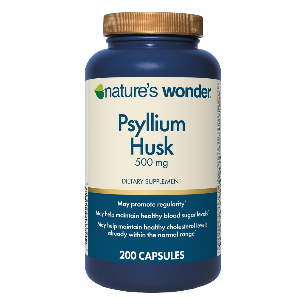 Nature's Wonder Psyllium Husk 500 mg kapselit Ruoansulatuskanavan, kasvikuitu, 200
