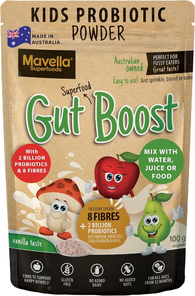 Kids Probiotic Powder Gut Boost - Daglig Digestive & Immune Support med Fiber för barnbarn, Vanilla Flavored Fiber Supplement, Easy Mix för förstoppning & Gut Health 3.52oz (100g)