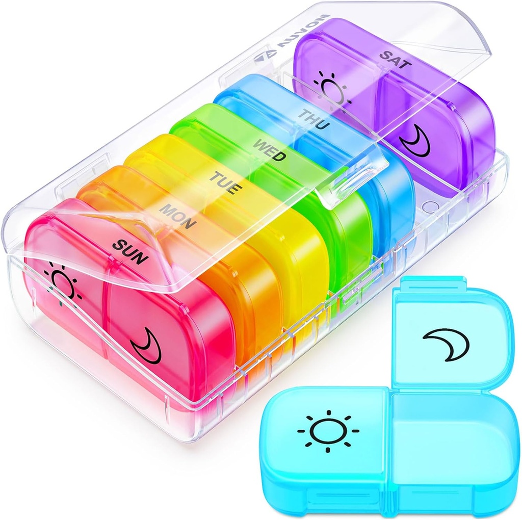 AUVON XL Weekly Pill Organizer 2 Kertaa päivässä suuri avaus Easy Filling, AM PM pillerilaatikko 7 Päivä Rainbow värit, Kannettava matka pilleri tapauksessa lääkkeiden, vitamiinit, kala öljyt, lisäravinteet