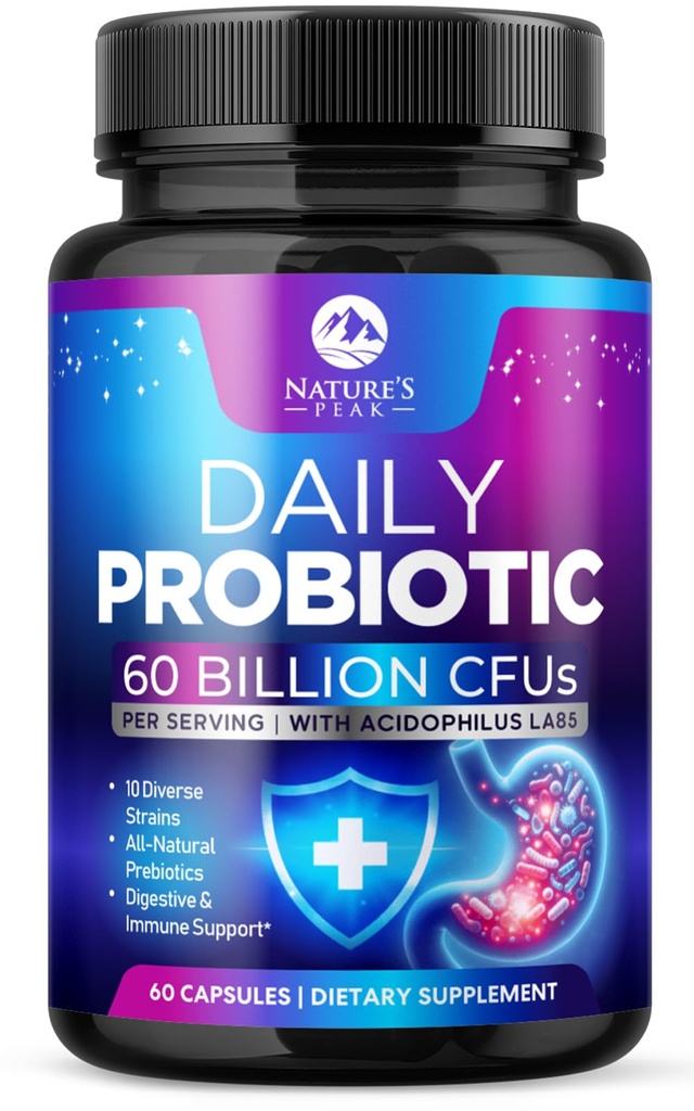 Probiotika 60 miljarder CFU - 10 stammar + Digestive Enzymes & Prebiotika - Bästa probiotikum för kvinnor och män, stöder immun, gut hälsa, yrkesmässig förstoppning, diarré, gas och uppblåsthet - 60 kapslar