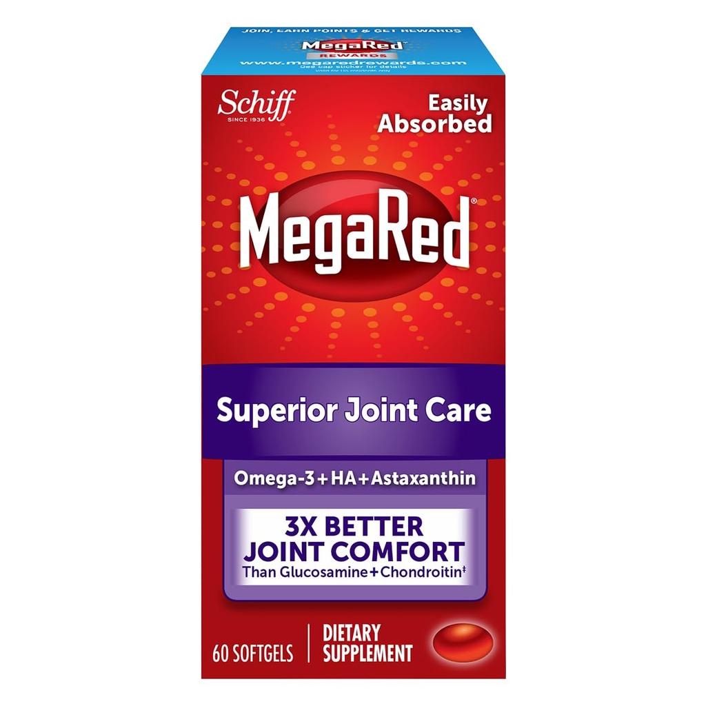 Omega-3 Krill Oil and Joint Supplement - Megared Joint Care 60 softgels - EPA / DHA rasvahappoja, antioksidantteja, Hyaluronihappoa, Ei kalaista röyhtäilyä kuten Fish Oil