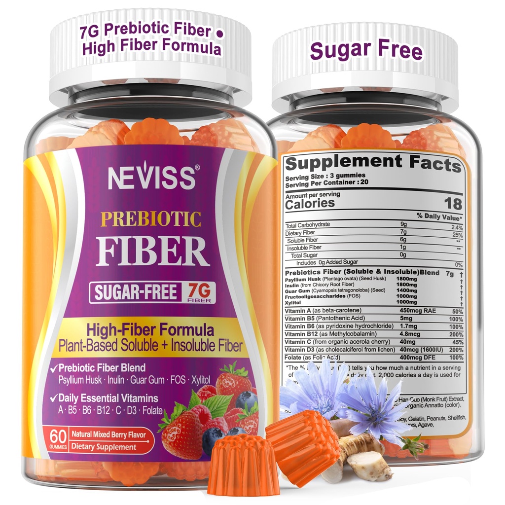 1Pack Fiber Gummies aikuisille Psyllilium Husk, 7G(liukenematon + liukenematon) Päivittäinen prebioottikuitu inuliini, FOS, Guar Gum, Multivitamiinit päivittäin Ruoansulatuskanavan, Säännöllisyys Gut tukea, Sokeriton
