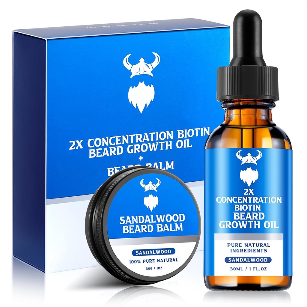 Parran kasvu öljy ja parta Balm - Parran kasvu Kit 2X Concentration Biotin miehille, luonnolliset ainesosat Argan Oil, Jojoba öljy ja vitamiini (Sandalwood)