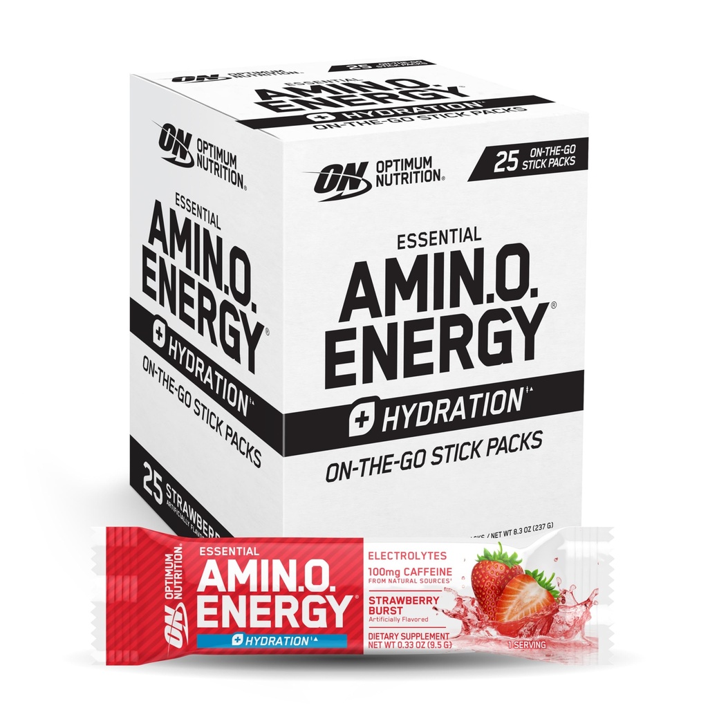 Optimum Nutrition Amino Energy Plus Hydration Packetit, On-Go Energy Powder Stick Packs, Mansikkamurska, 25 kreivi