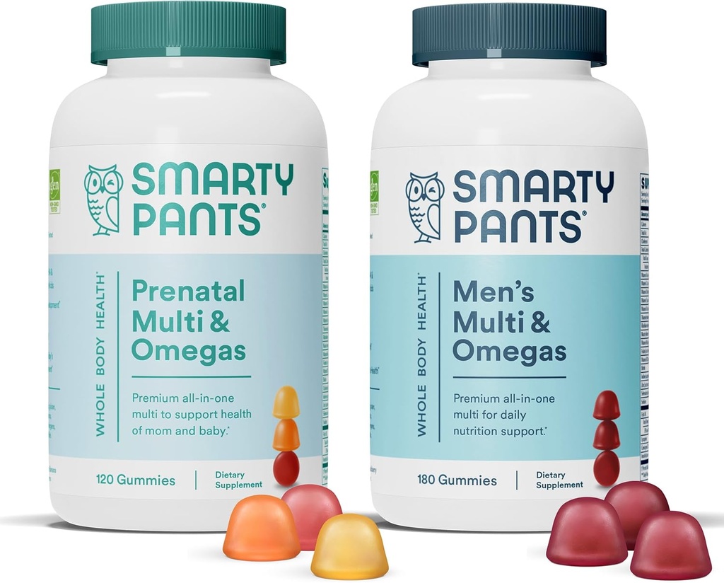 SmartyPants Prenatal and Men's Multivitamiini Gummies Bundle: Omega 3 Fish Oil (EPA/DHA), Biotiini, metyylifolaatti, D3, C-vitamiini, B12, B6, A, K & Sinkki immuunitukeen (30 päivän tarjonta)