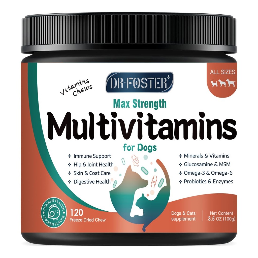 Koiran monivitamiini Glukosamiinin, Omega 3:n, Mineraalit, probiootit ja entsyymit, koiran vitamiinit ja lisäravinteet niveliin, ihon ja turkin hoitoon, digestiiviseen ja immuuniterveyteen, kanan maku - 120 purukumia