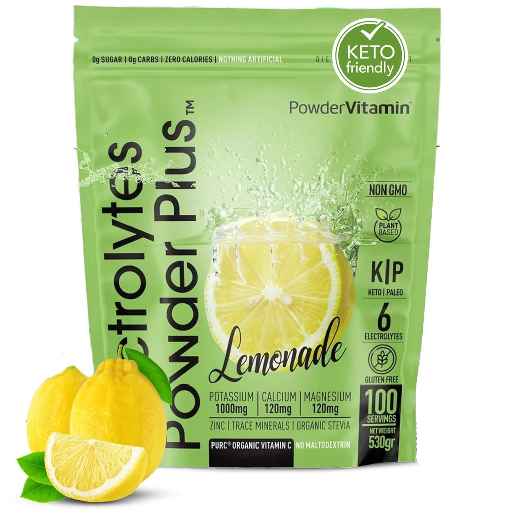PowderVitamin Elektrolytes Powder Plus Keto, Limonade (100 Servings) 0 Sokeri, No Maltodekstriini,1000 mg Kalium,120 mg Kalsium,120 mg Magnesium, Organic C-vitamiini, Zero Calories, Energy Hydration Powder
