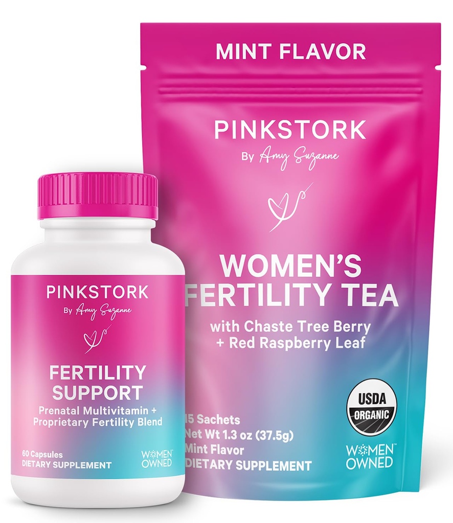 Pink Stork Fertility Bundle för kvinnor - Conception Tea + Prenatal Vitamin Support med Inositol, Vitex, Folate & Ashwagandha - Stöder Hormon Balance, Cycle Health & Preconception Wellness