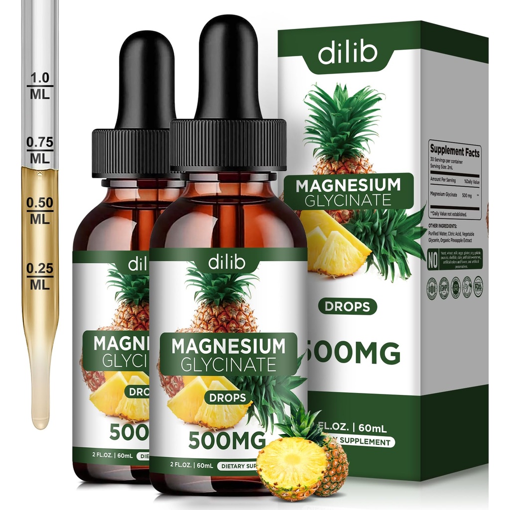 (2 pakkaus) Magnesium Glycinate Supplement, Liquid Magnesium Glycinate Liquid Drops 500 mg-Support Stressin lievittäminen, rentoutuminen, mieliala, uni, luu ja lihas-4 Fl Oz, Vegan, Ananaksen maku