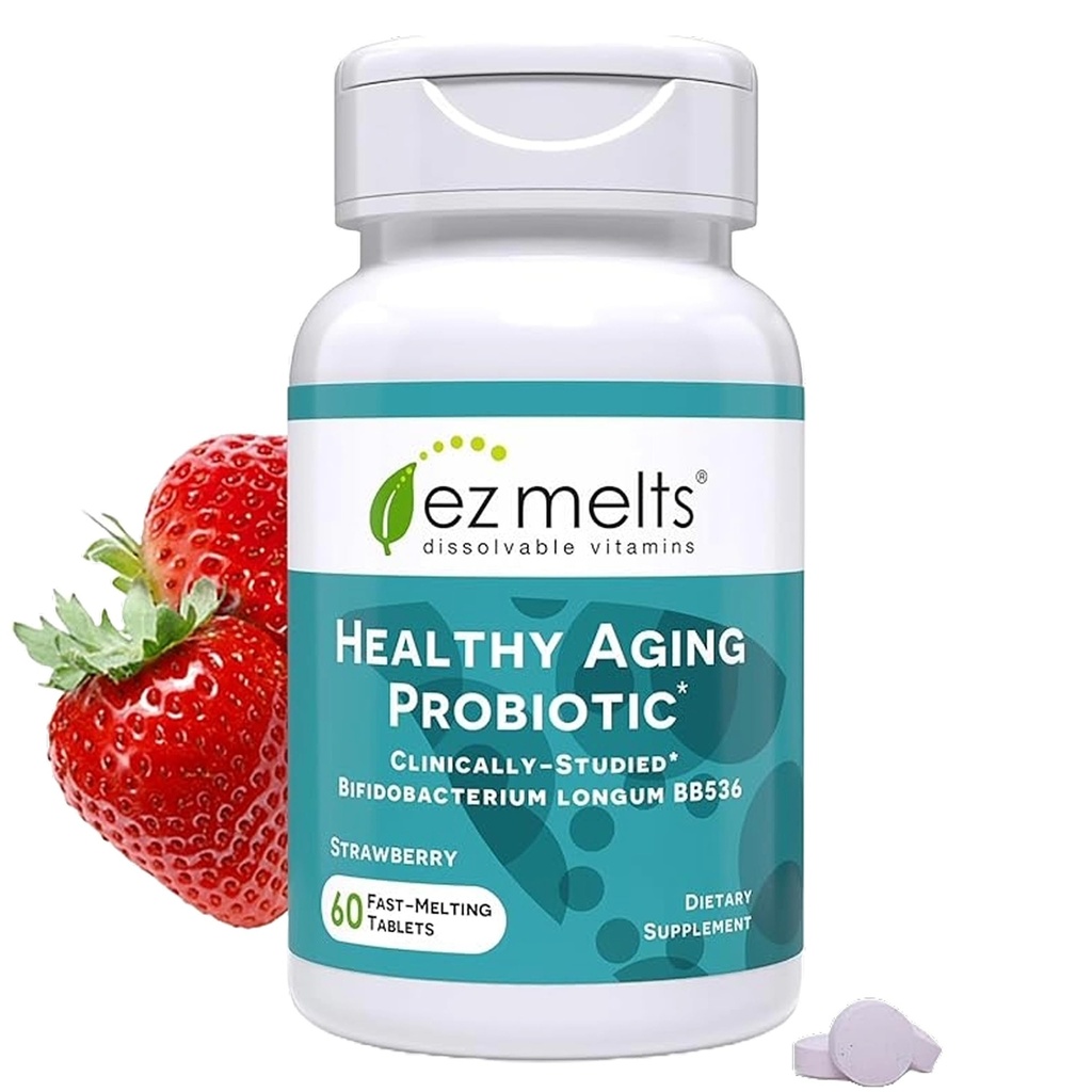 EZ Melts Disolveble Healthy Aging Probiootti, Bifidobacterium Longum BB536 (2 miljardia PMY), sokeriton, probiootit naisille & miesten 50+, 2-kuukautinen tarjonta - 1 pakkaus